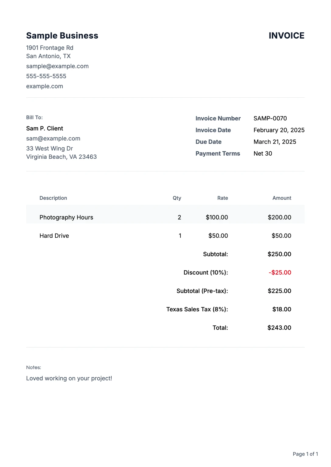 Childcare invoice example