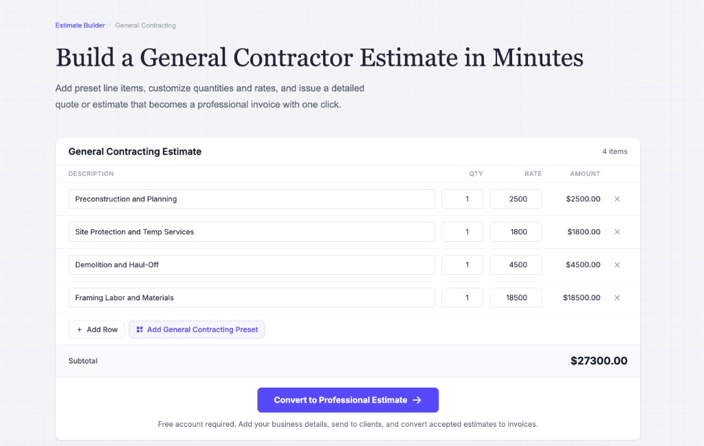 General contracting estimate in the Estimate Builder showing line items, quantities, rates, a subtotal, and the convert to professional estimate button.