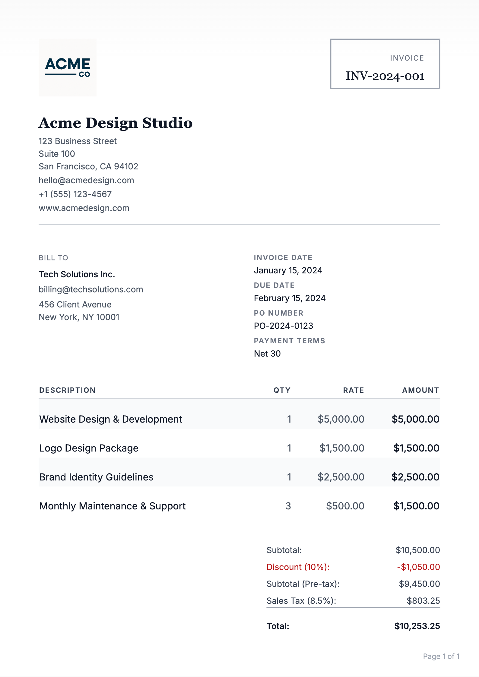 Professional invoice template preview